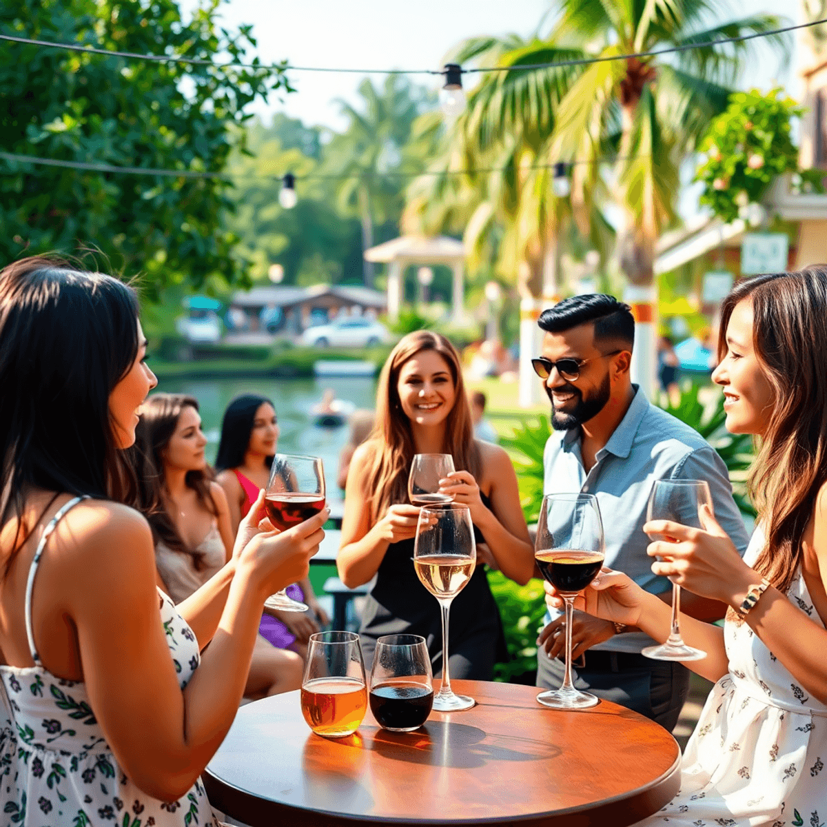 A lively outdoor gathering in Belle Isle, Florida, with singles enjoying wine tasting and dancing amidst lush greenery and a vibrant atmosphere.