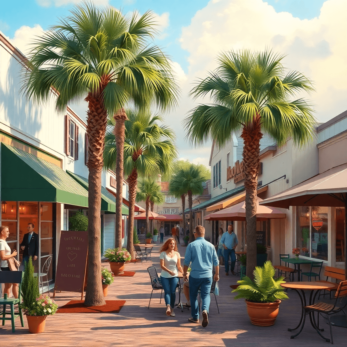 A cozy small-town street in Mascotte, Florida, lined with cafes and gathering spots, featuring couples enjoying coffee and a warm, inviting atmosph...