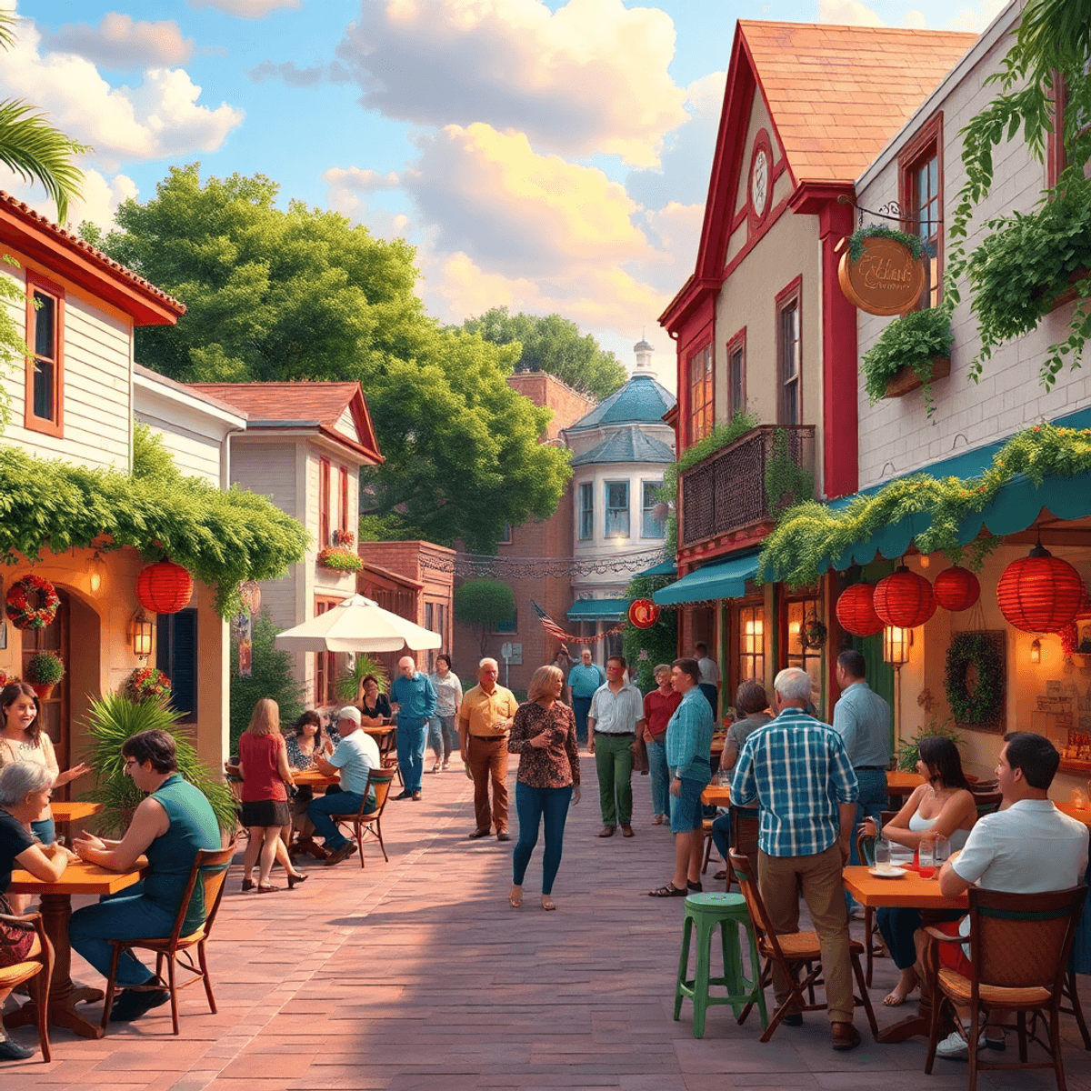 A lively small town scene in Florida, featuring people conversing, outdoor seating, greenery, and festive decorations, all creating a warm and invi...