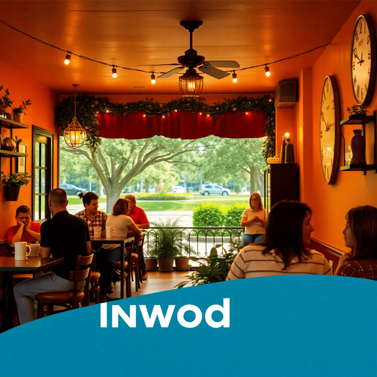 A cozy coffee shop scene with warm lighting, people chatting over coffee, and a community park in the background, showcasing local charm and a welc...