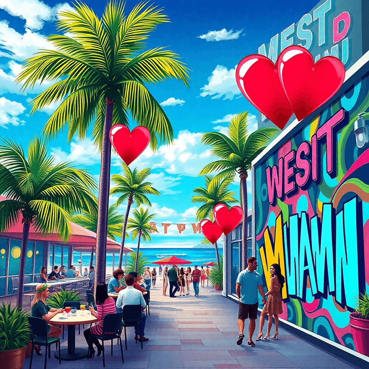 A lively beach scene in West Miami with palm trees, a colorful art mural, and couples enjoying social events, embodying a blend of modern elegance ...