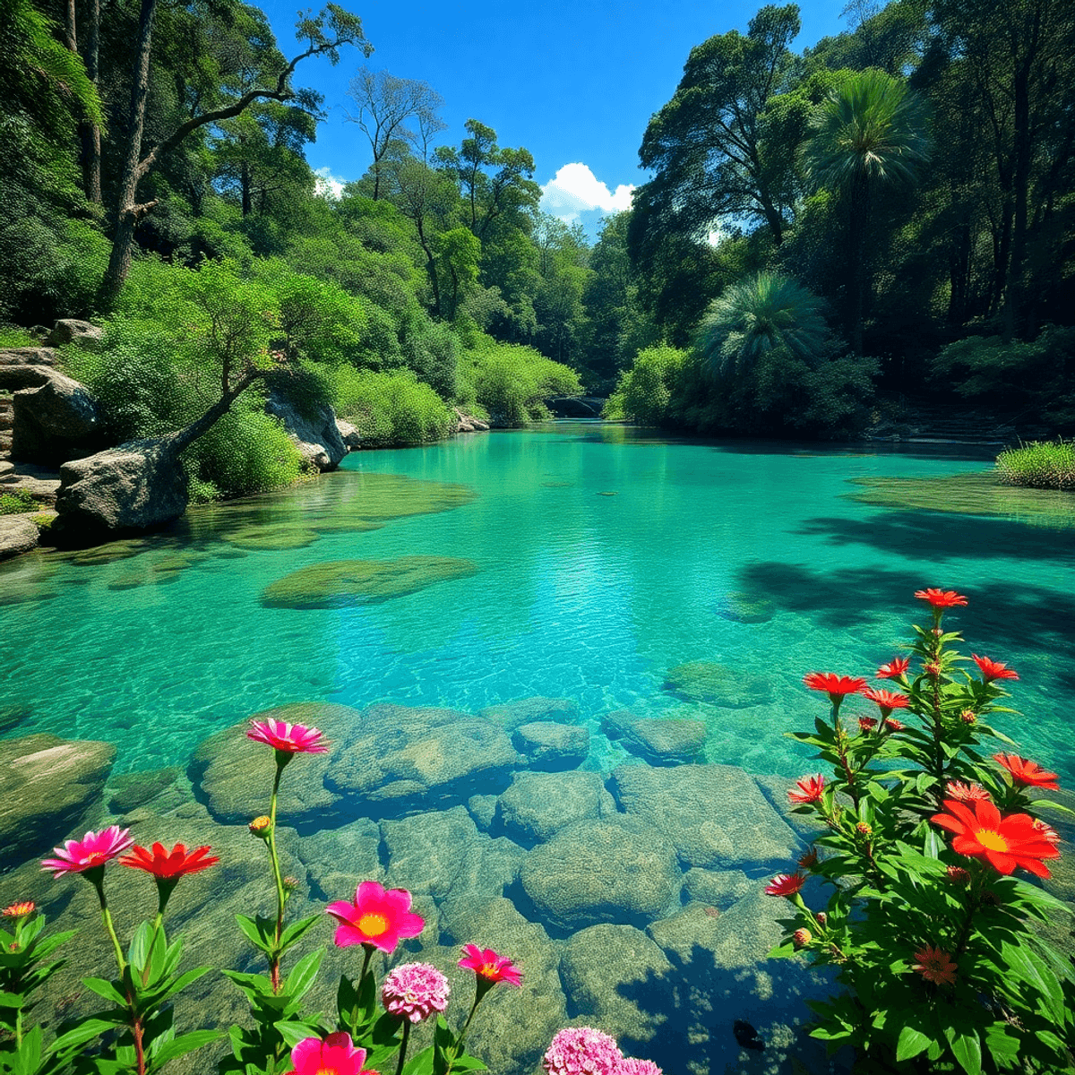 A serene view of Rainbow Springs in Florida, featuring clear blue waters, lush greenery, and colorful flowers, evoking tranquility and romance.