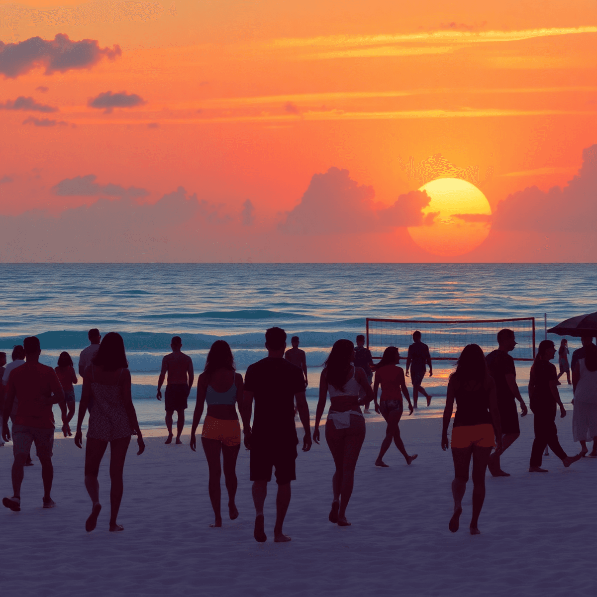 Silhouettes of individuals enjoying a vibrant beach sunset in South Pasadena, Florida, engaging in activities like walking, playing volleyball, and...