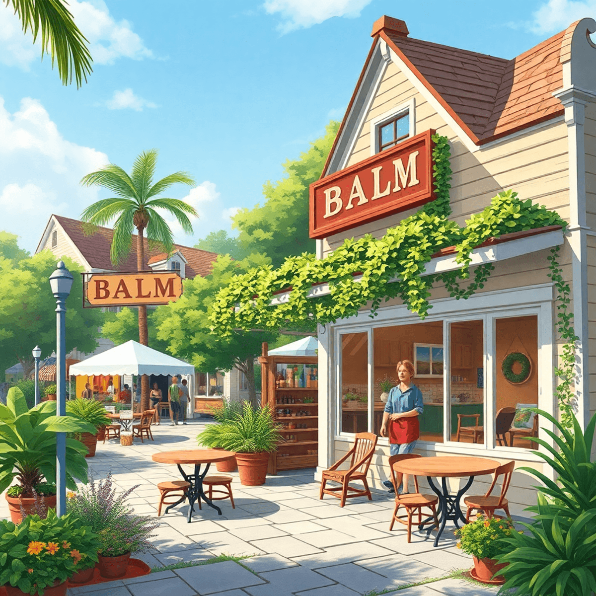 A cozy coffee shop with outdoor seating nestled among lush greenery and quaint homes, capturing a warm small-town atmosphere with a farmers market ...