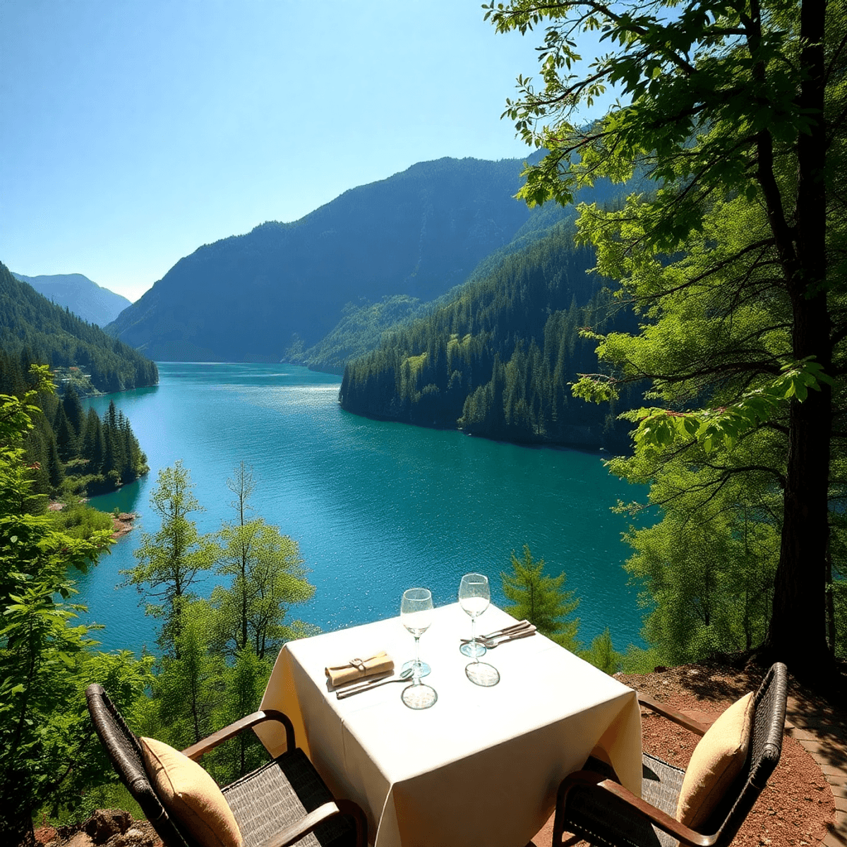 A picturesque view of Crystal Lake with sparkling water and lush greenery, featuring a romantic outdoor dining setup for two amidst nature.