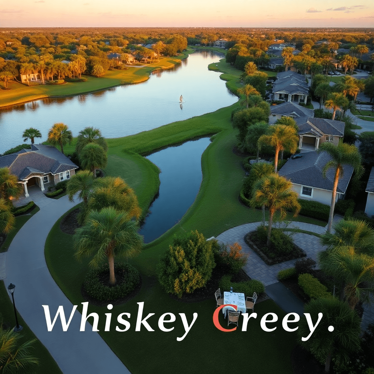 A serene landscape of Whiskey Creek, Florida, featuring lush greenery, landscaped streets, a tranquil waterway, and a cozy outdoor dining setup for...
