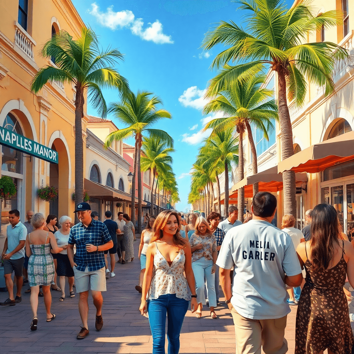 A sunny street in Naples Manor, Florida, filled with couples enjoying each other's company, surrounded by palm trees and local cafes, capturing a l...