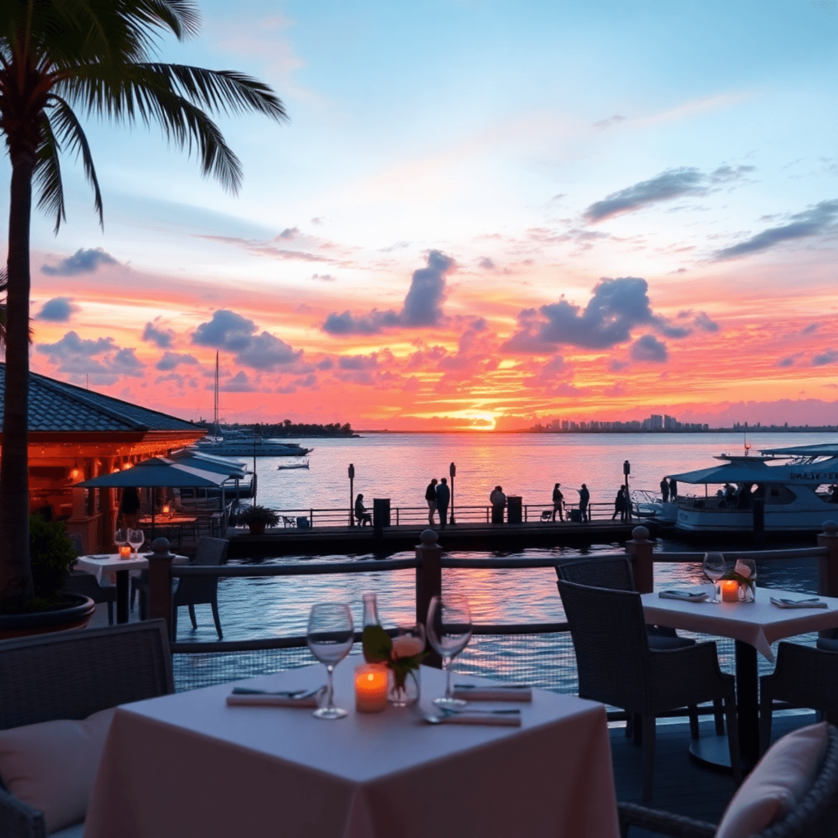 A vibrant sunset over Biscayne Bay, with cozy outdoor dining setups, palm trees, soft lighting, and hints of nightlife, creating a romantic ambiance.