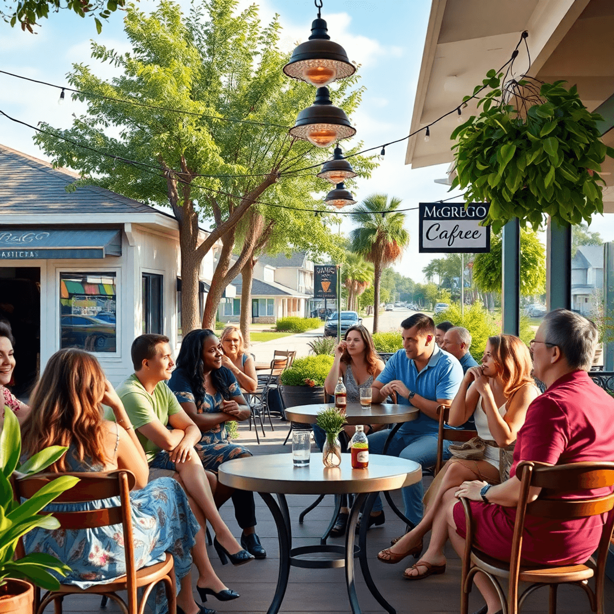 A cozy café with outdoor seating in a vibrant suburban setting, surrounded by lush greenery and local landmarks, where singles engage in friendly c...