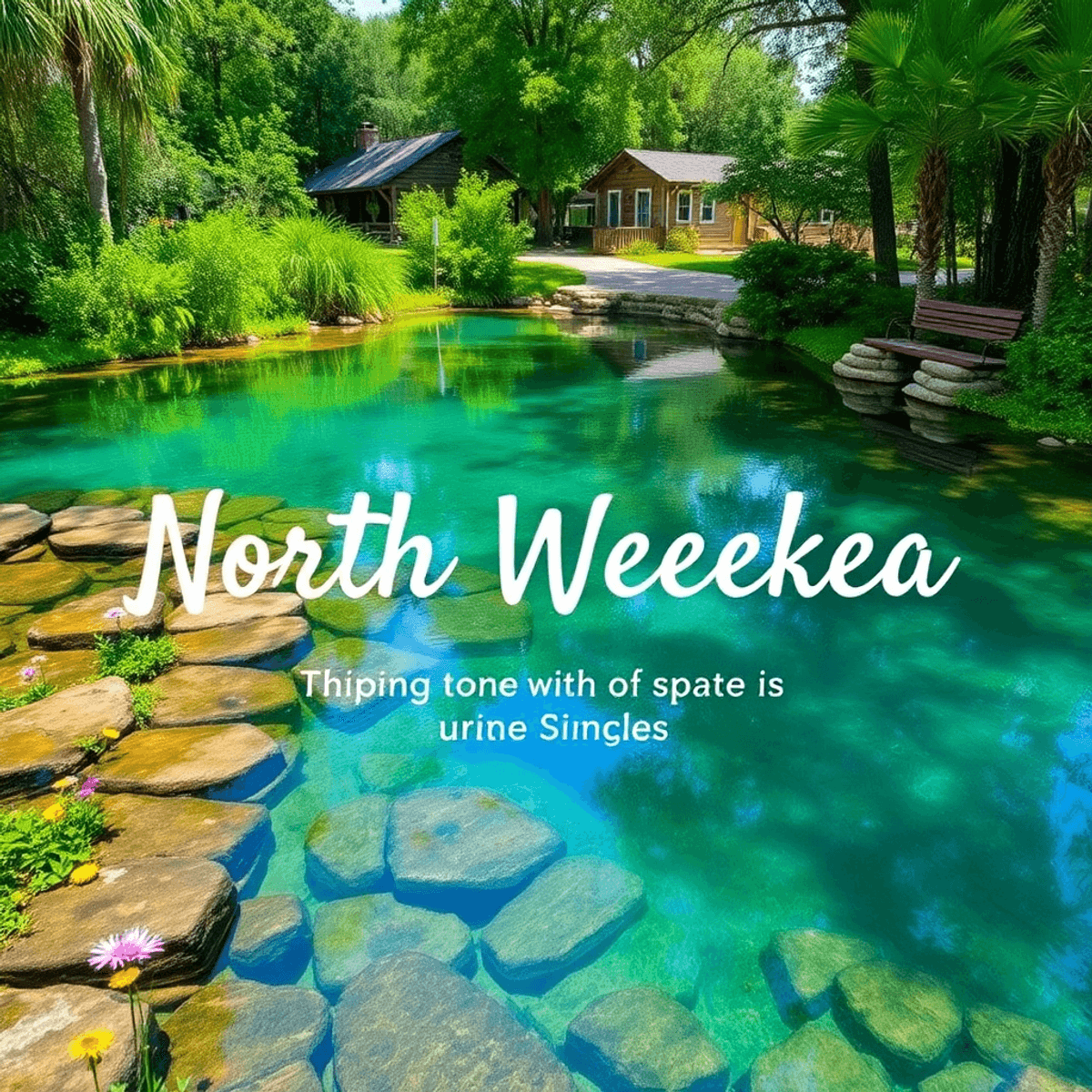 A serene spring surrounded by lush greenery, reflecting the sky, with vibrant wildflowers and rustic benches, creating an enchanting and romantic a...