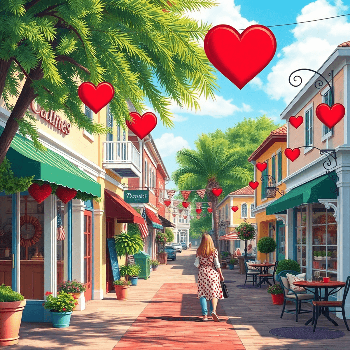 A picturesque small-town street in Inverness, Florida, with charming shops and cafes, adorned with heart-shaped decorations and couples enjoying a ...