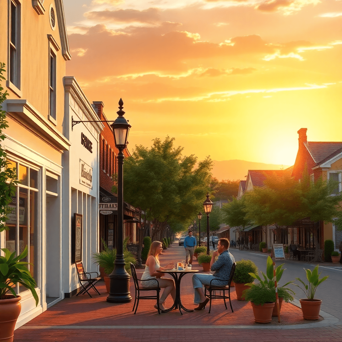 A picturesque small-town street in Newberry, Florida, with quaint shops, outdoor seating, and a couple enjoying a date at a café under a warm sunset.