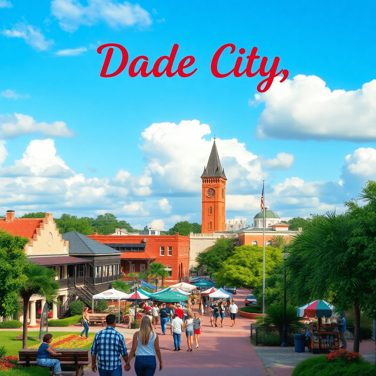 A picturesque view of Dade City, Florida, featuring historical buildings, lush parks, couples enjoying outdoor activities, and vibrant community ev...