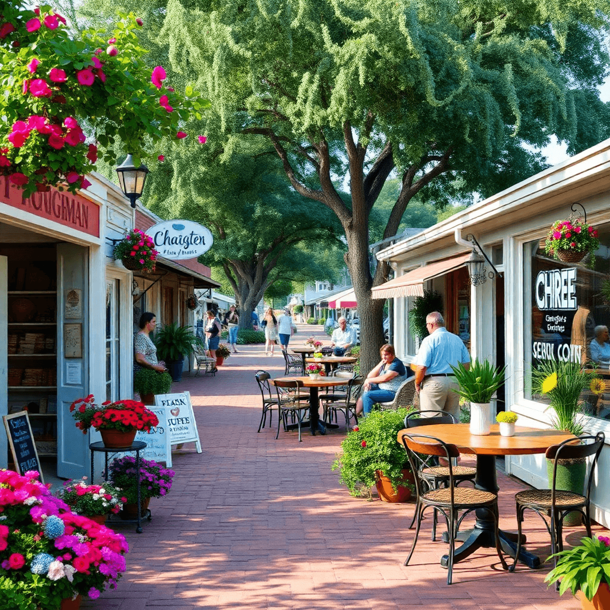 A charming small-town scene in Loughman, Florida, with local businesses, vibrant flowers, and a cozy café where neighbors connect and community eve...
