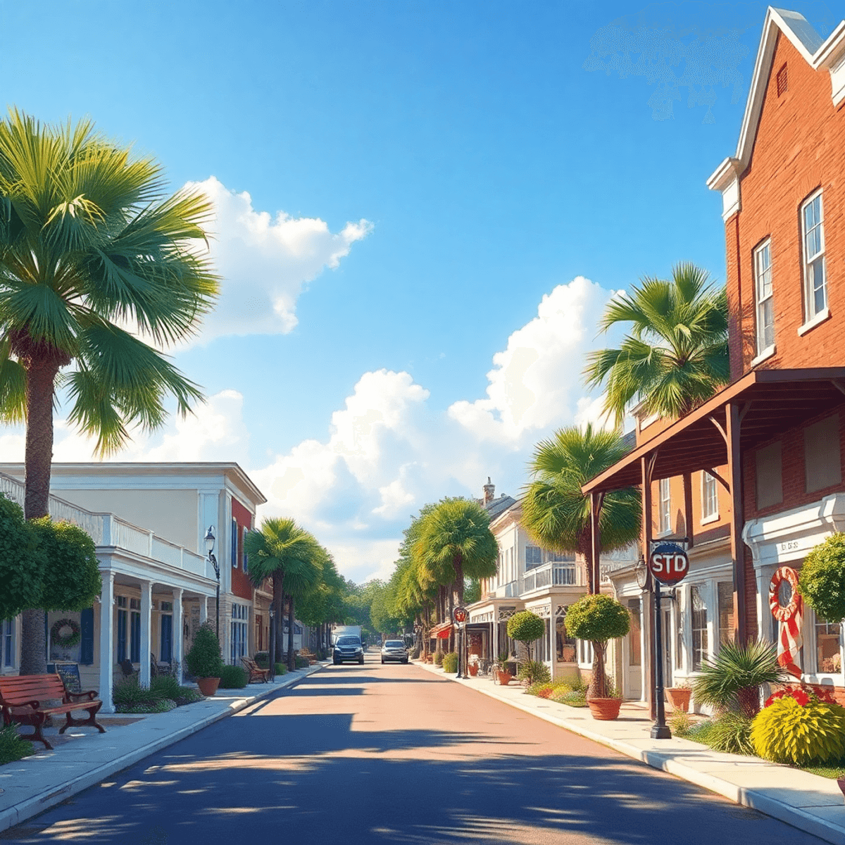 A charming small-town scene in Crawfordville, Florida, showcasing Southern architecture and lush greenery, with symbols of connection like hearts u...