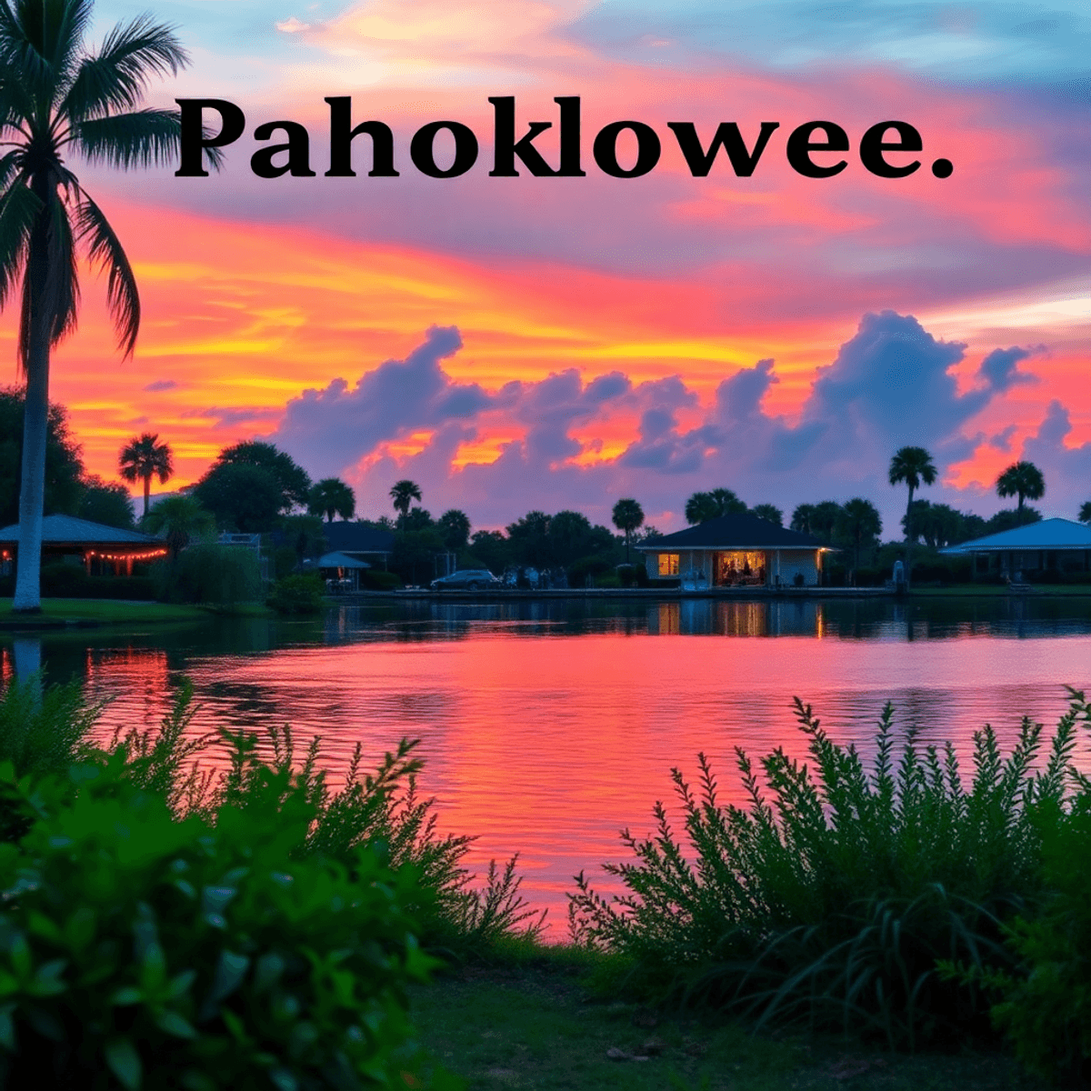 A vibrant lakeside sunset at Lake Okeechobee, with colorful reflections on the water, lush greenery, and hints of community gatherings, evoking war...