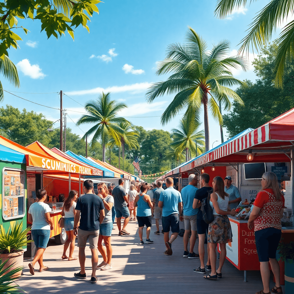 A lively outdoor market scene in Dundee, Florida, featuring colorful stalls, food trucks, and people chatting under a bright blue sky, capturing a ...