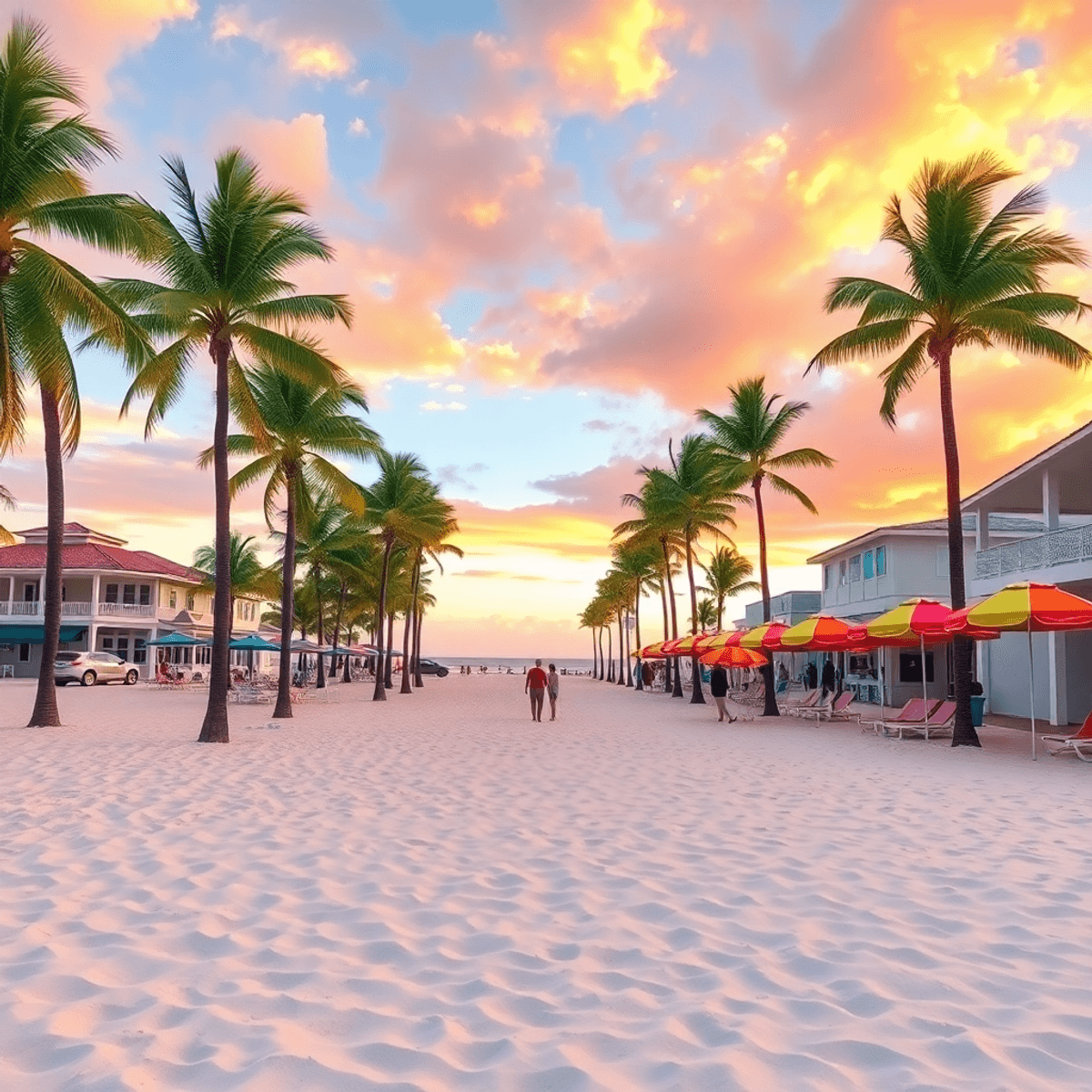A romantic beach scene in Lauderdale-by-the-Sea, with soft sandy shores, swaying palm trees, colorful umbrellas, and a stunning sunset creating a c...