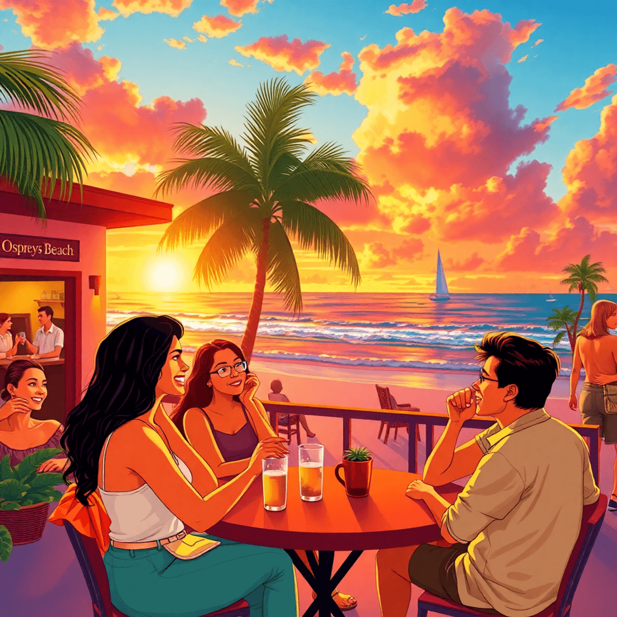 A sunset over a coastal beach with a small group of people enjoying a casual gathering at a café, surrounded by palm trees and a lively atmosphere.