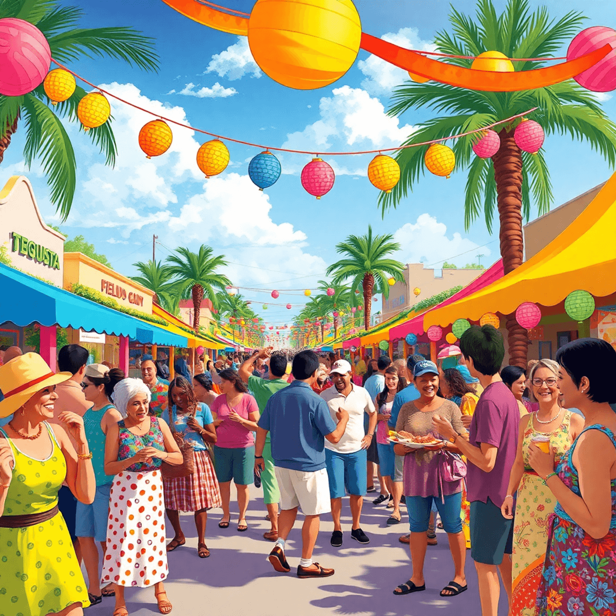 A lively community festival in Tequesta, Florida, featuring colorful decorations, people dancing, enjoying food, and socializing in a cheerful, inv...