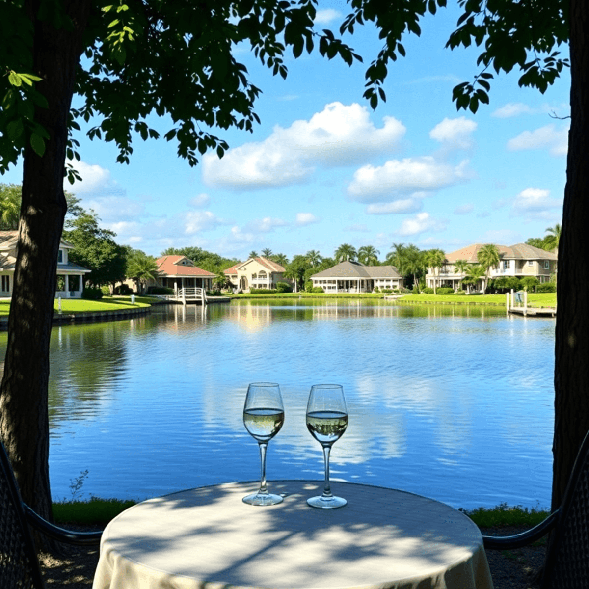 A picturesque waterfront scene at Lochmoor Waterway Estates, featuring lush greenery, tranquil waters, and a romantic picnic setup with wine glasse...