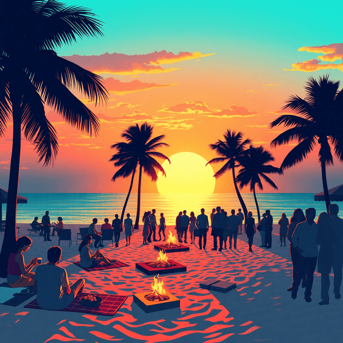A vibrant beach scene at sunset in Freeport, Florida, featuring silhouettes of palm trees, couples enjoying activities, picnic blankets, and a cozy...