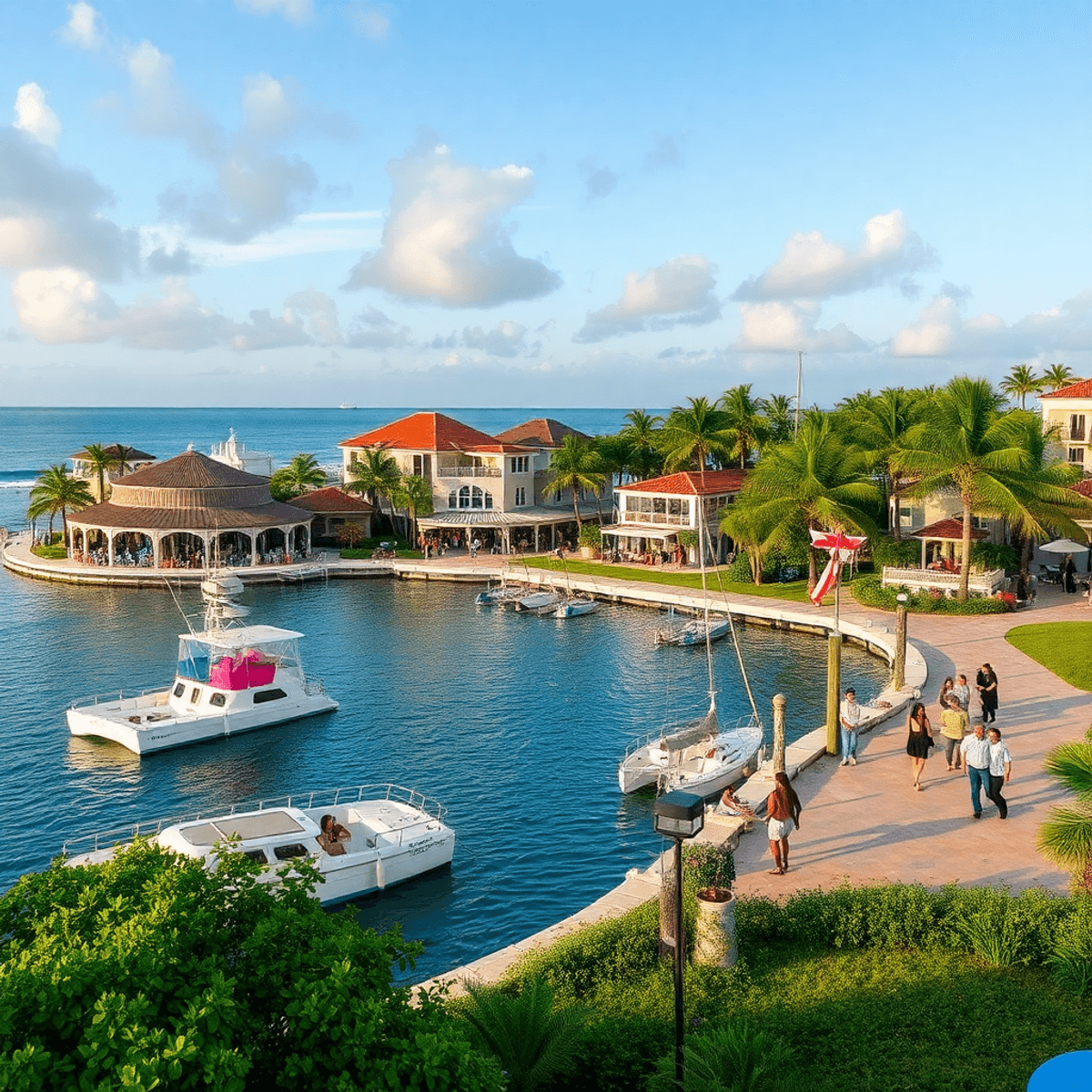 A vibrant coastal scene in Bay Harbor Islands, Florida, showcasing colorful art installations, waterfront venues, and people enjoying social activi...