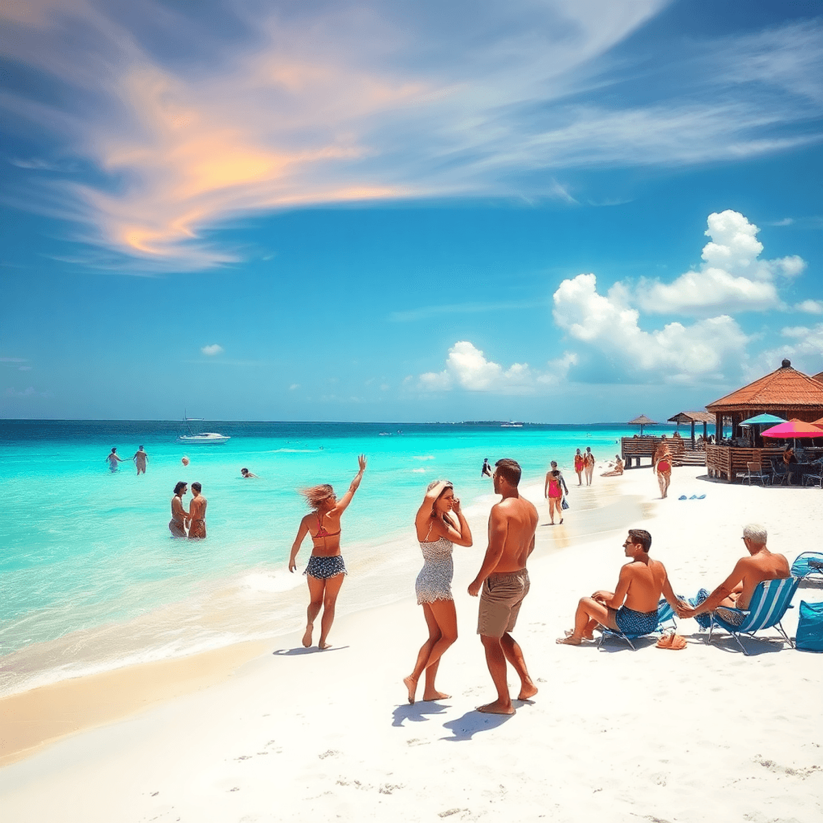 A lively beach scene in St. Pete Beach, showcasing white sands, turquoise waters, beach volleyball, couples at sunset, and vibrant beach bars in th...