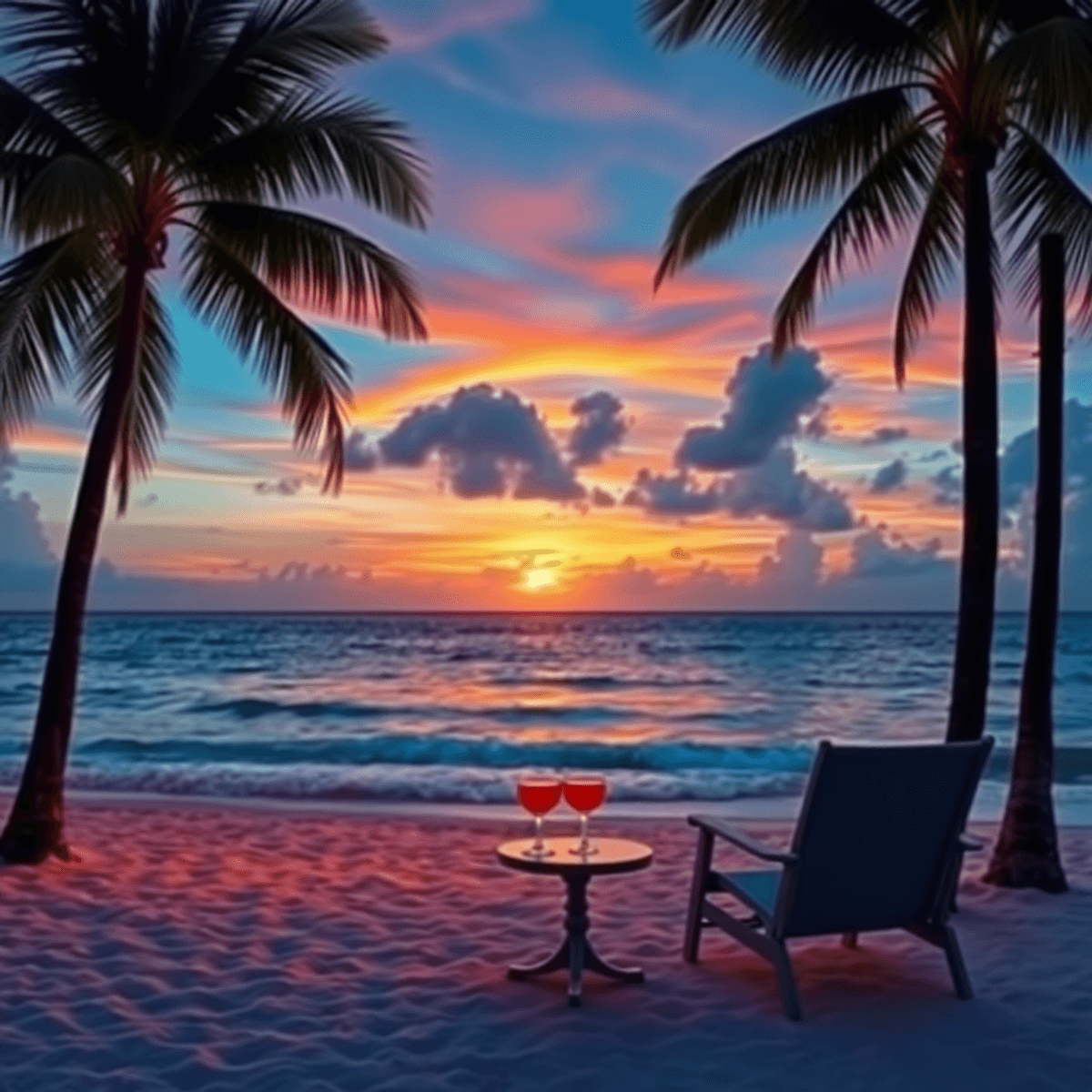 A vibrant sunset over a serene beach in Marathon, Florida, with gentle waves, palm trees framing the view, and a cozy setup of a beach chair and dr...