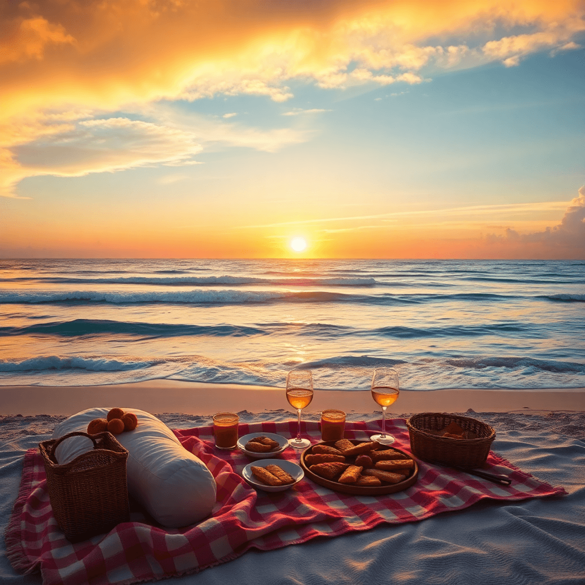 A stunning sunset over a tranquil Palm Beach coastline, with gentle waves and a romantic picnic setup featuring a cozy blanket and gourmet food.