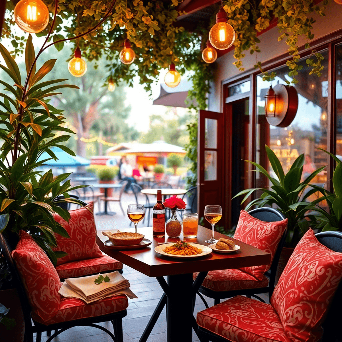 A cozy outdoor dining scene in Fern Park, Florida, featuring a beautifully set table with delicious food and drinks, surrounded by lush greenery an...