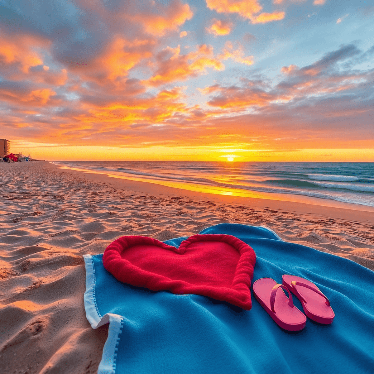 A vibrant beach scene at sunset with golden sands, soft waves, a heart-shaped beach towel, flip-flops, and colorful umbrellas, evoking a lively and...
