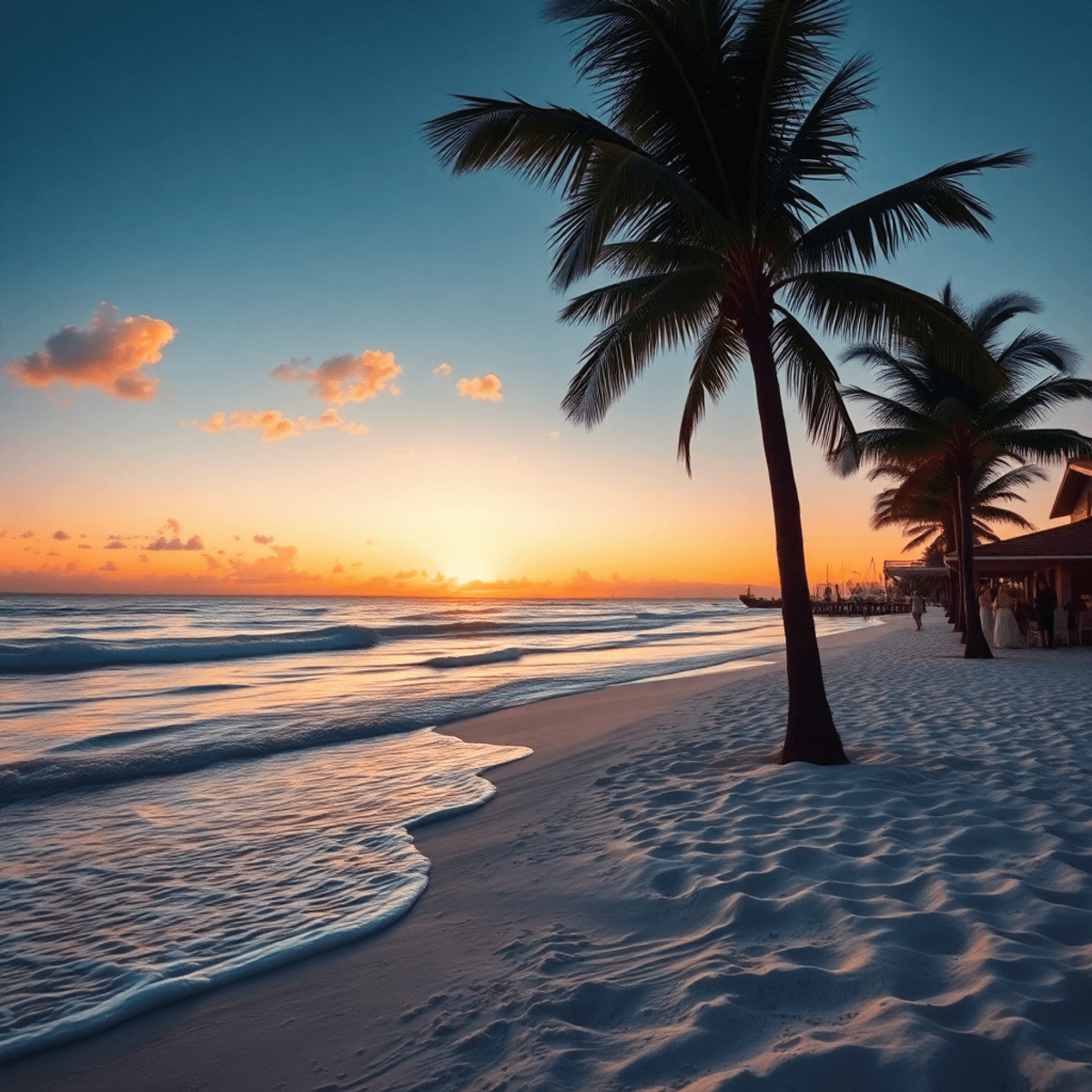 A serene beach at sunset in Indian Harbour Beach, Florida, featuring soft waves, swaying palm trees, and cozy dining spots, creating a romantic atm...
