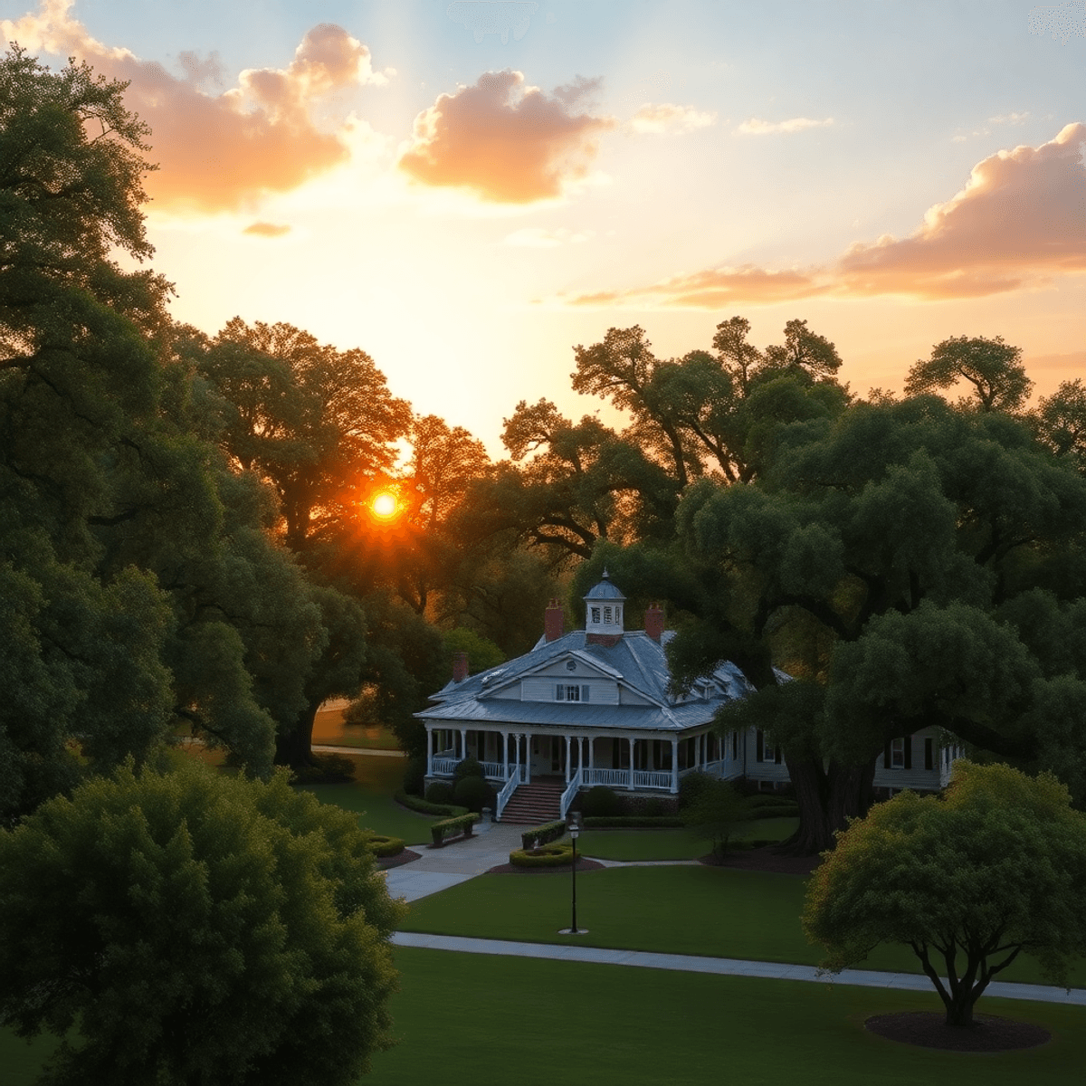 A historic manor nestled among lush oak trees, bathed in the warm glow of a sunset, exuding romance and charm in a picturesque Florida landscape.