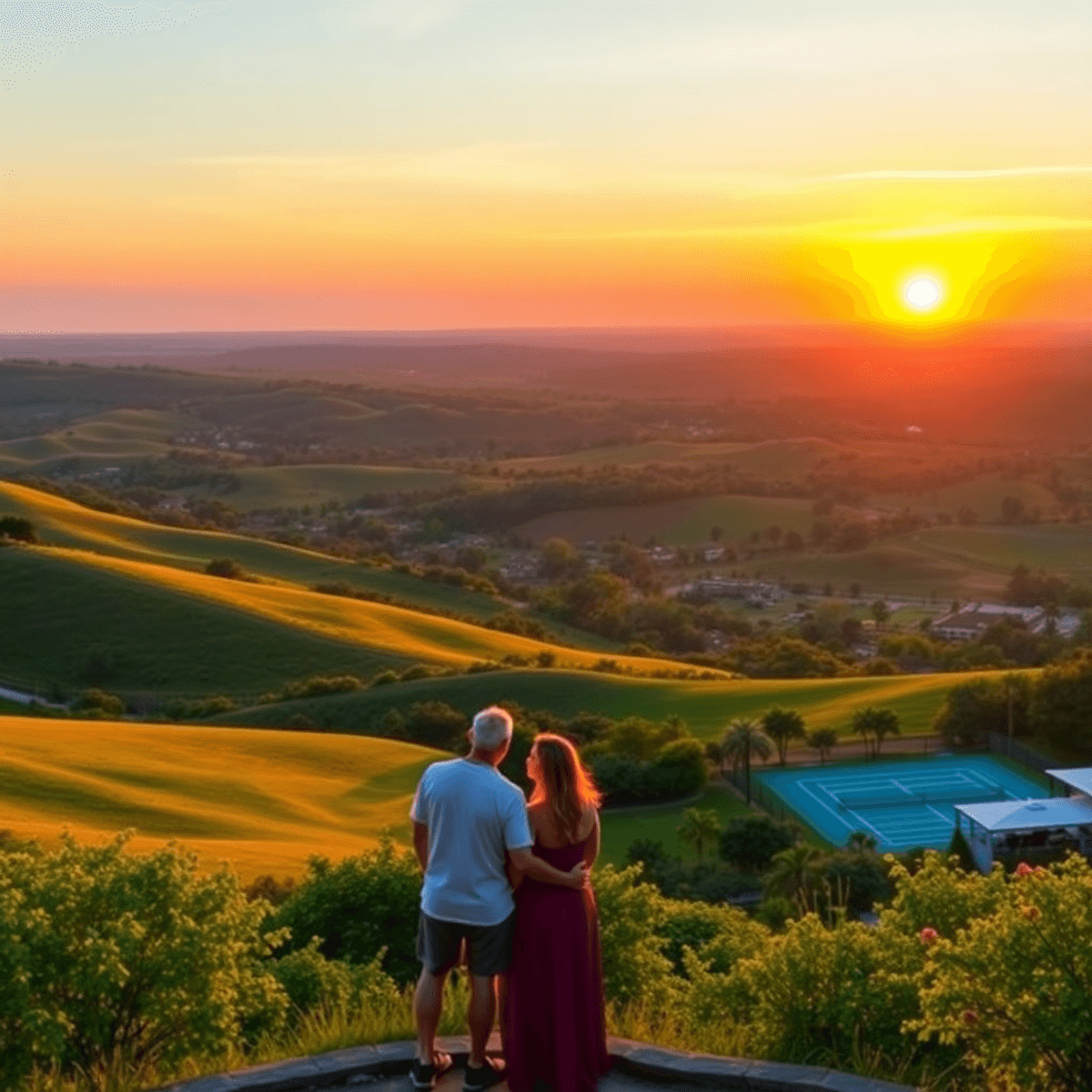 A scenic sunset over rolling hills in Citrus Hills, Florida, featuring silhouettes of a couple holding hands with tennis courts and gathering space...