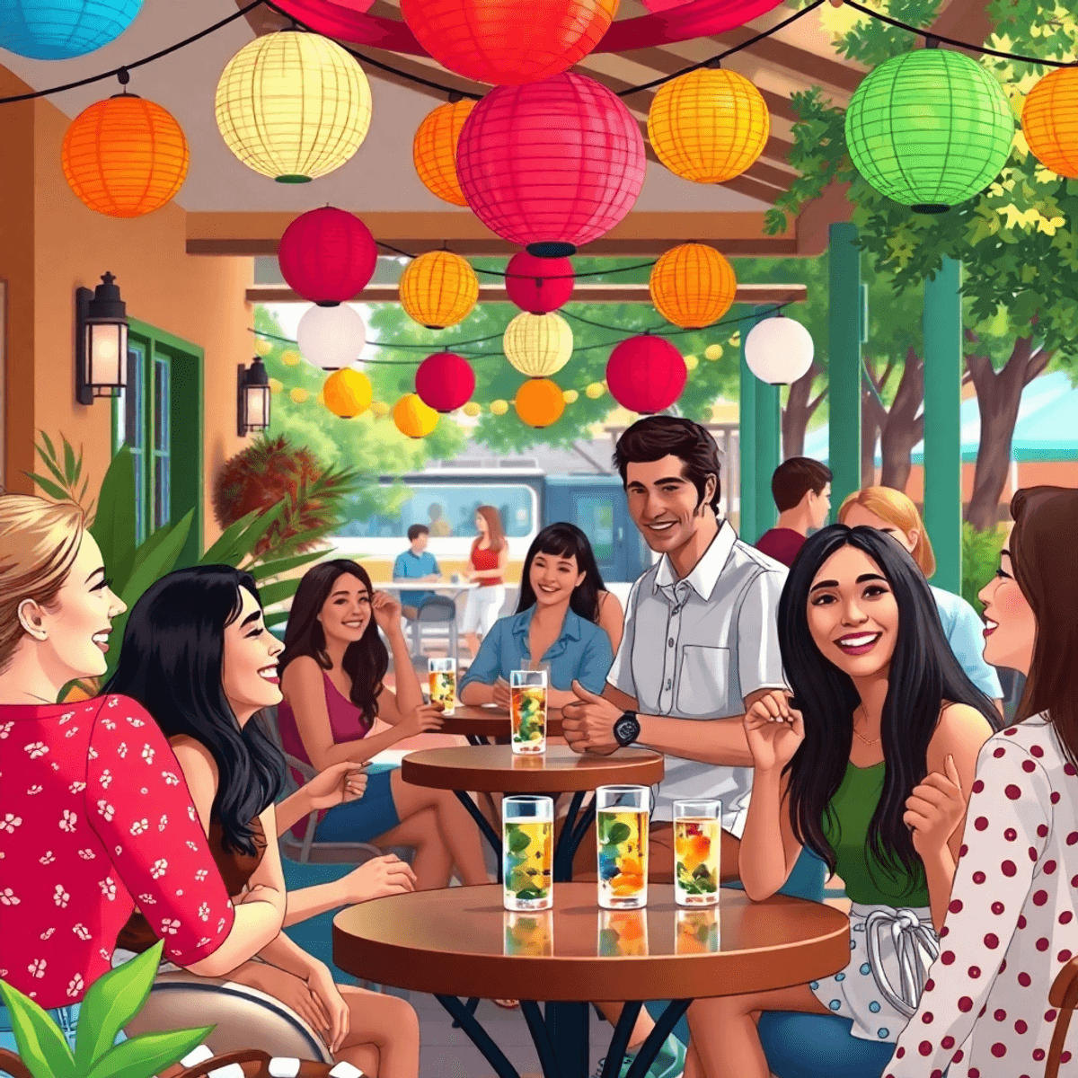 A cozy outdoor café scene in Orange Park, Florida, filled with colorful decorations and people mingling and laughing, creating a warm and inviting ...