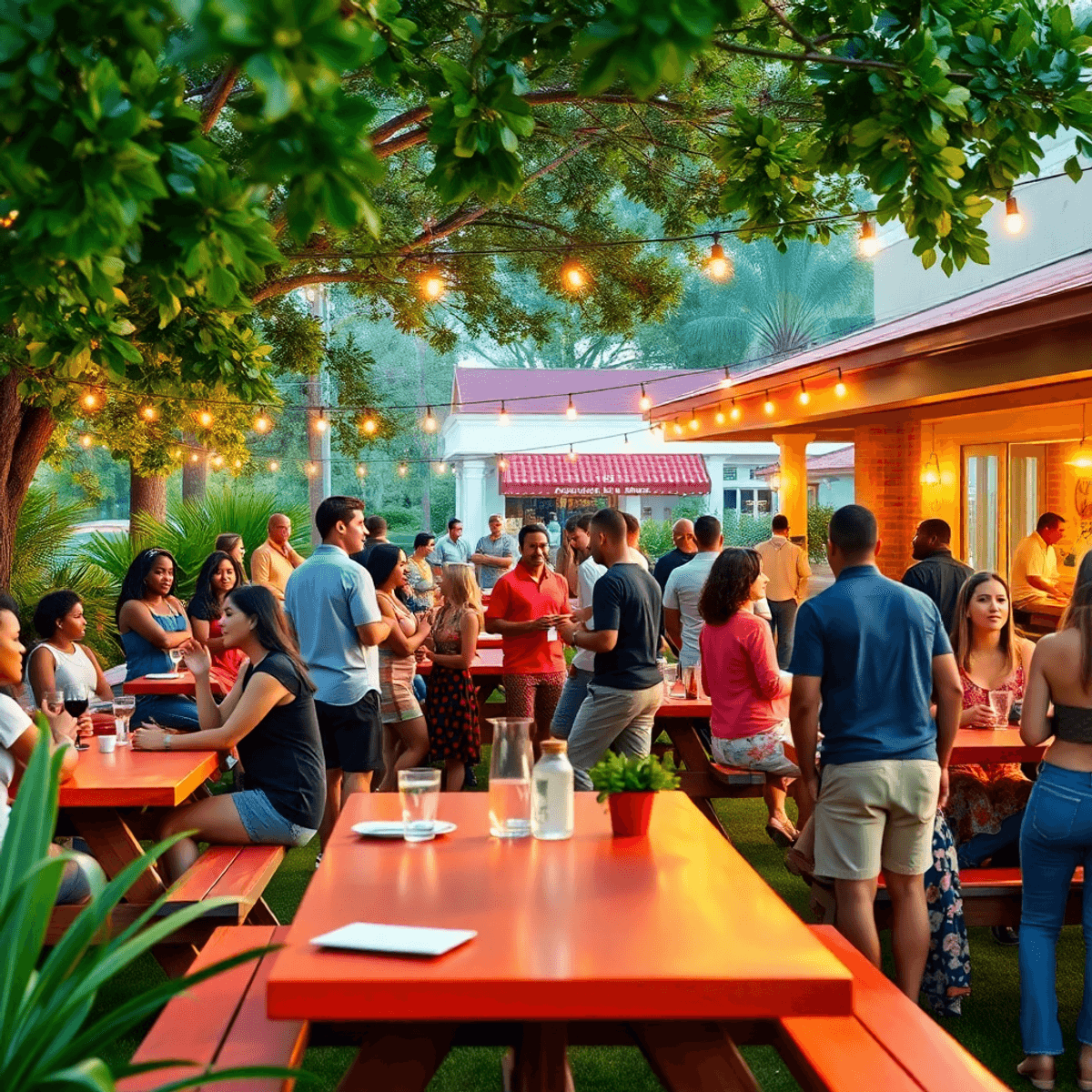 A lively outdoor community gathering in Hernando County, Florida, featuring singles chatting and enjoying activities among picnic tables and lush g...