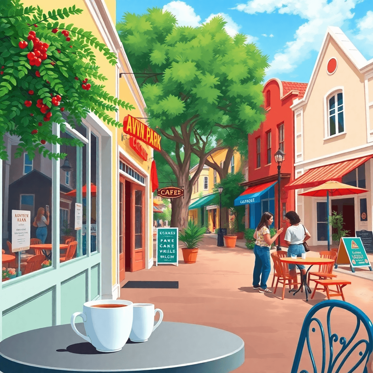 A picturesque small-town street in Avon Park, Florida, with charming shops and cafes. Two coffee cups on an outdoor table and people chatting nearb...