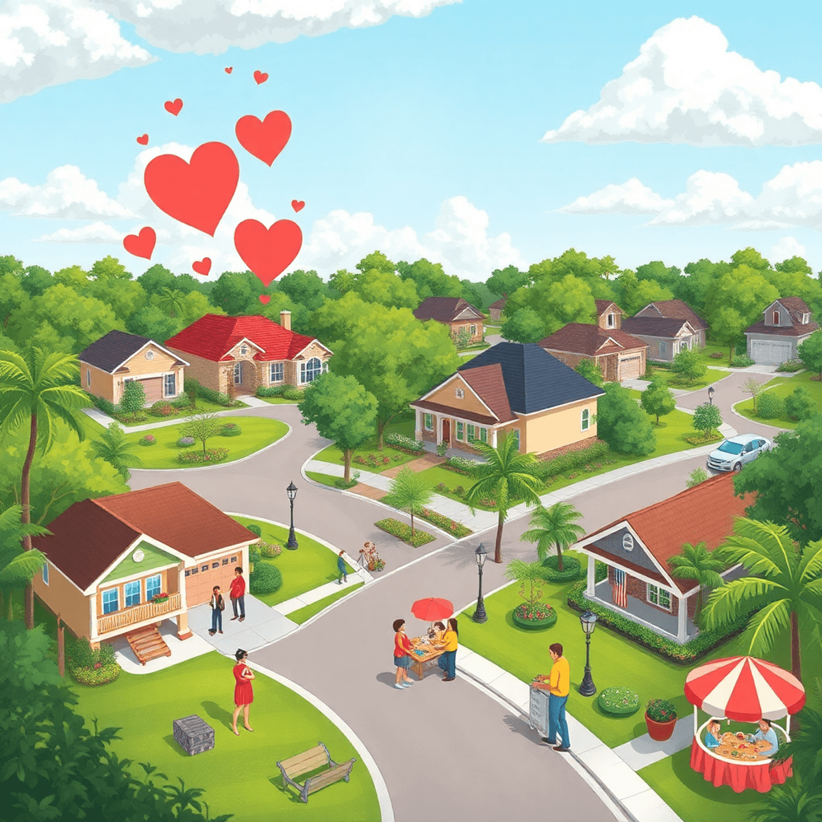 A lively neighborhood scene in Vero Lake Estates, showcasing new and established homes amidst lush greenery, with symbols of connection and a picni...