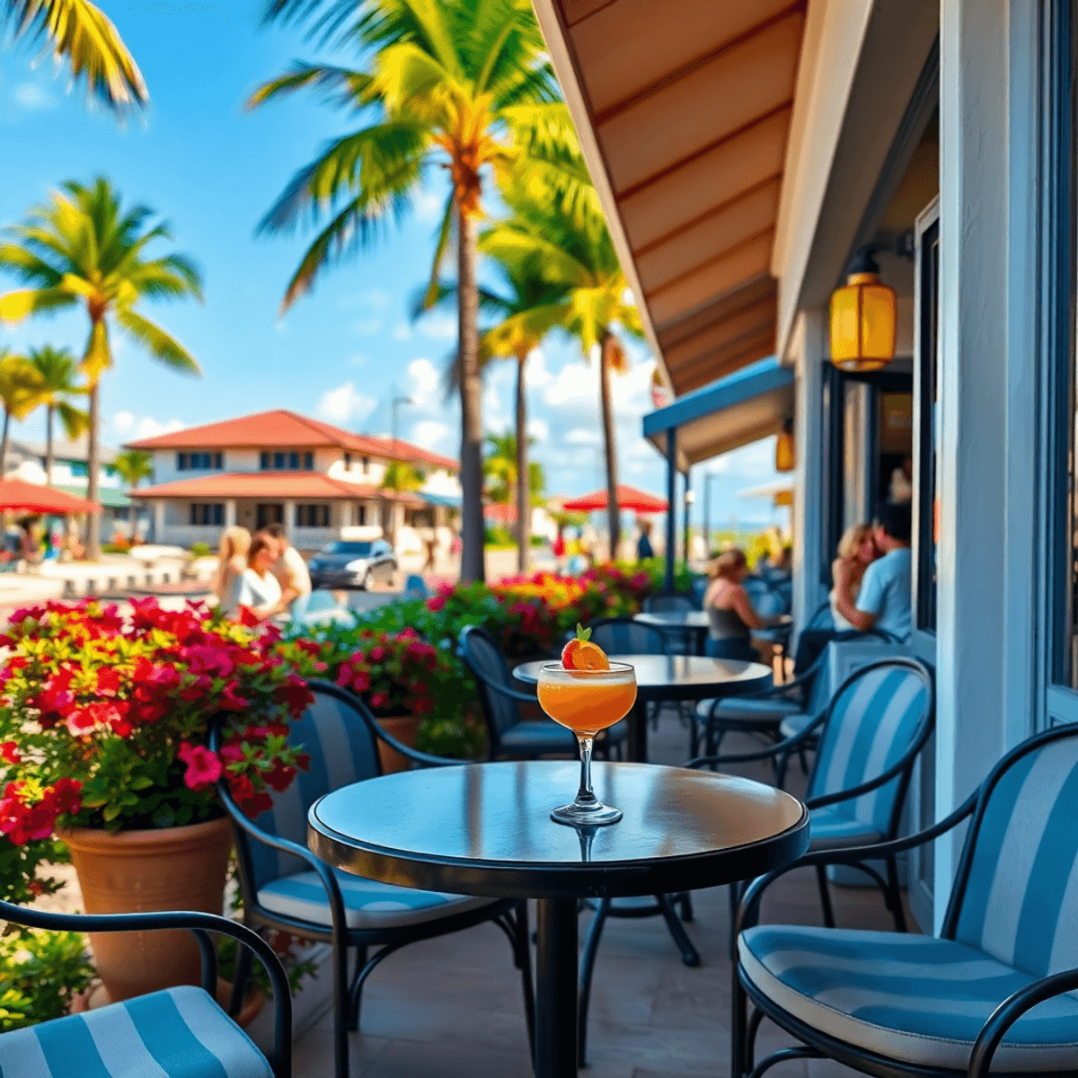 A cozy cafe with outdoor seating among palm trees and colorful flowers, featuring a craft cocktail on a table and people mingling in the background...