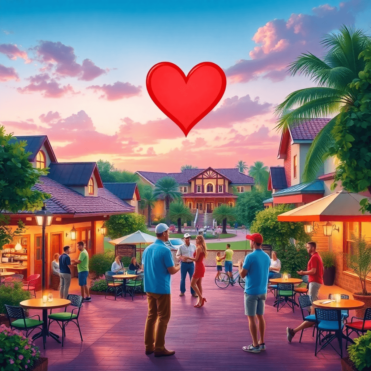A lively community scene in Bardmoor, Florida, featuring couples playing golf and tennis, heart symbols, and inviting cafes and parks, radiating wa...