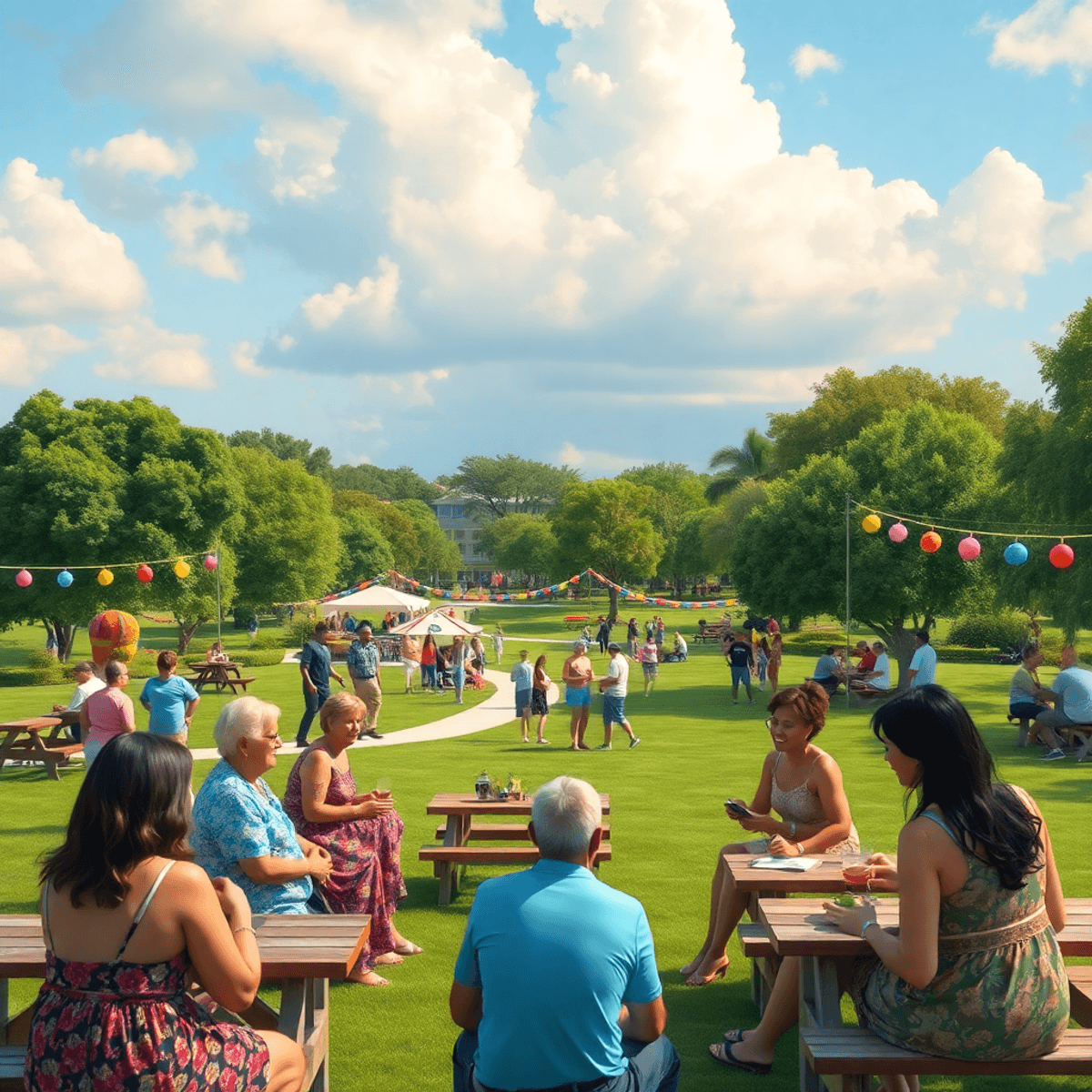A scenic park in Pebble Creek, Florida, featuring picnic areas and people engaging in conversation at a community event, surrounded by colorful cul...
