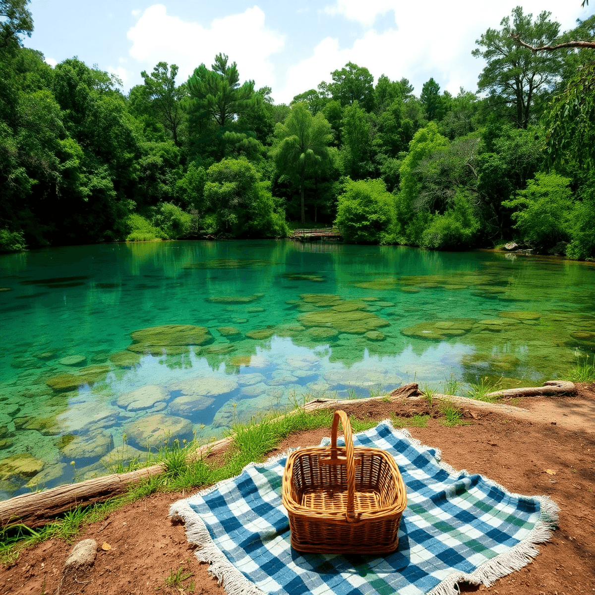 A serene natural spring with crystal-clear water, surrounded by vibrant greenery, featuring a cozy picnic setup with a blanket and basket.