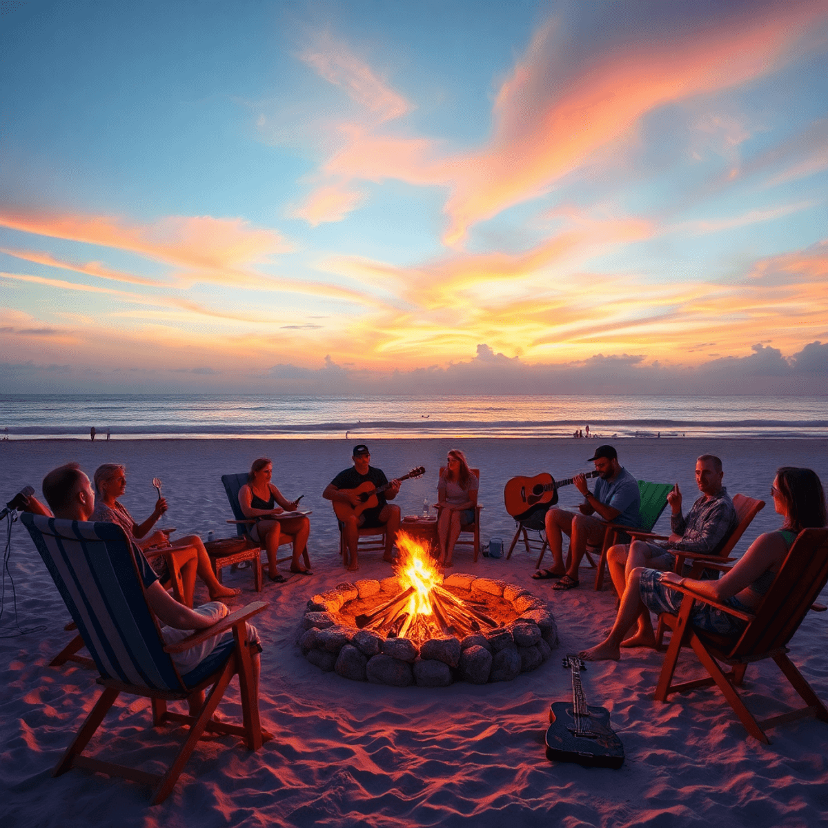 A cozy bonfire on a beach at sunset, surrounded by friends with beach chairs and a guitar, under a vibrant sky, capturing the essence of social gat...