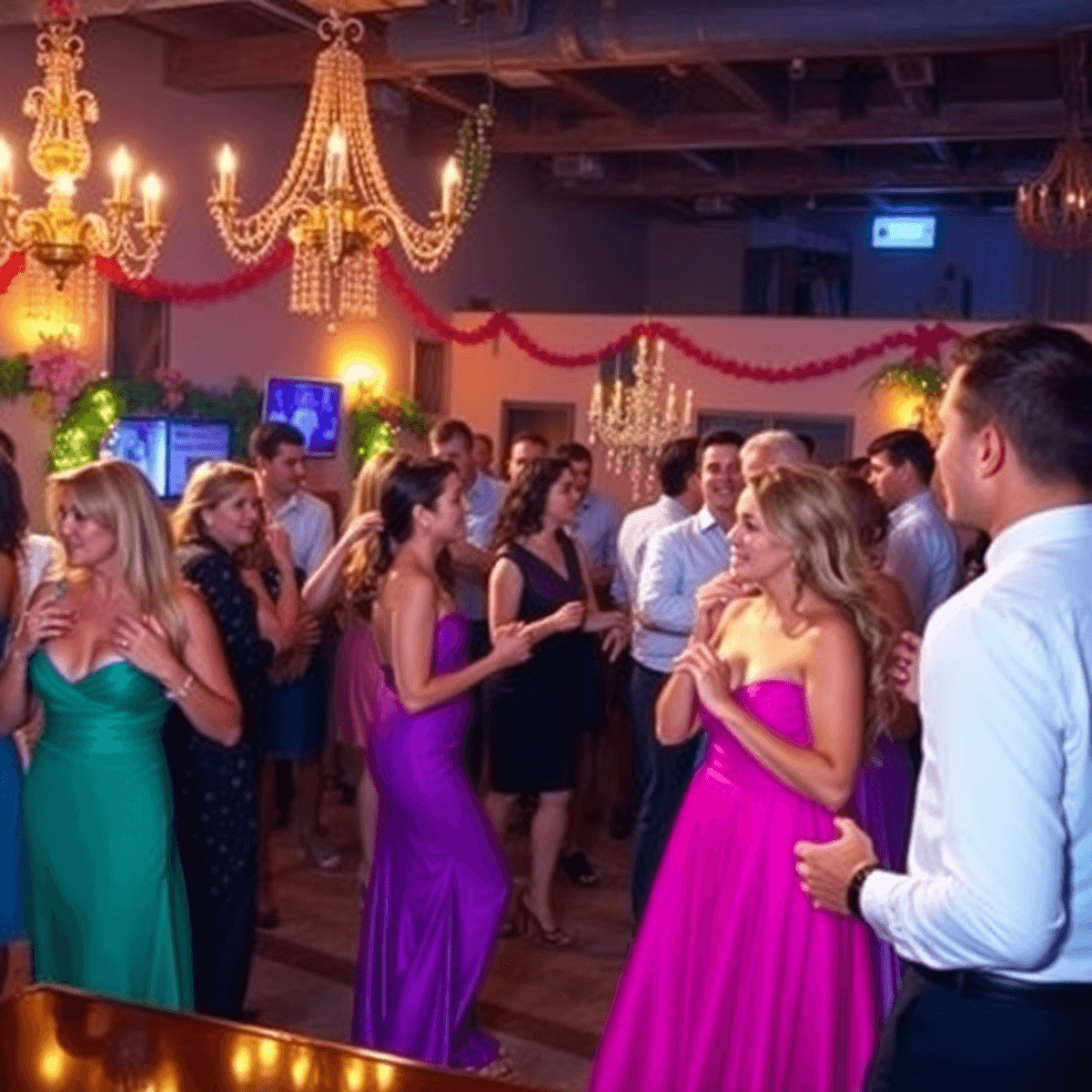 A lively dinner dance party in Lecanto, Florida, with elegantly dressed individuals enjoying conversations and dancing under warm lighting and fest...
