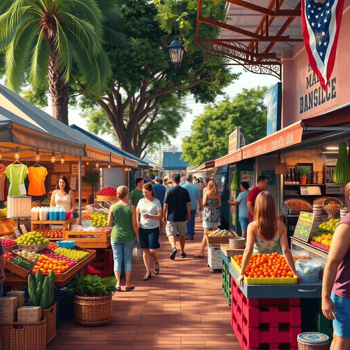 A lively marketplace in a small town, filled with colorful stalls, local artisans, fresh produce vendors, and food trucks, as people enjoy live mus...