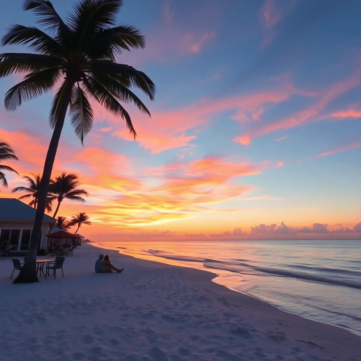 A serene beach at sunset in Pelican Bay, featuring white sand, gentle waves, swaying palm trees, and vibrant sky colors, evoking romance and connec...