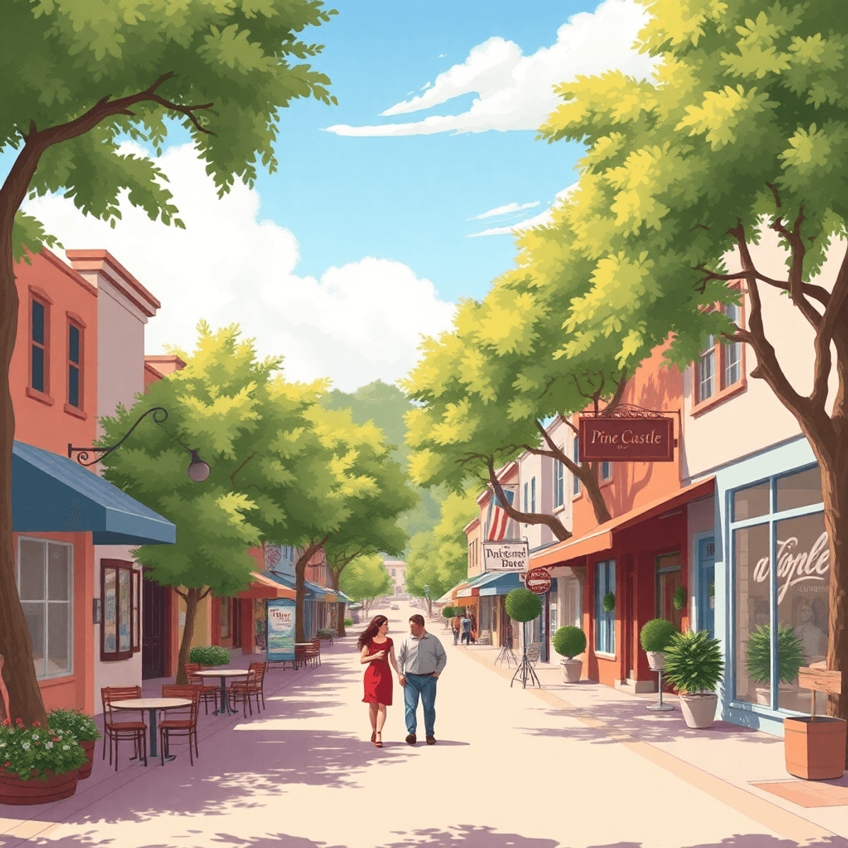 A charming small-town street in Pine Castle, Florida, with tree-lined avenues, local businesses, and a couple enjoying coffee at an outdoor café, c...