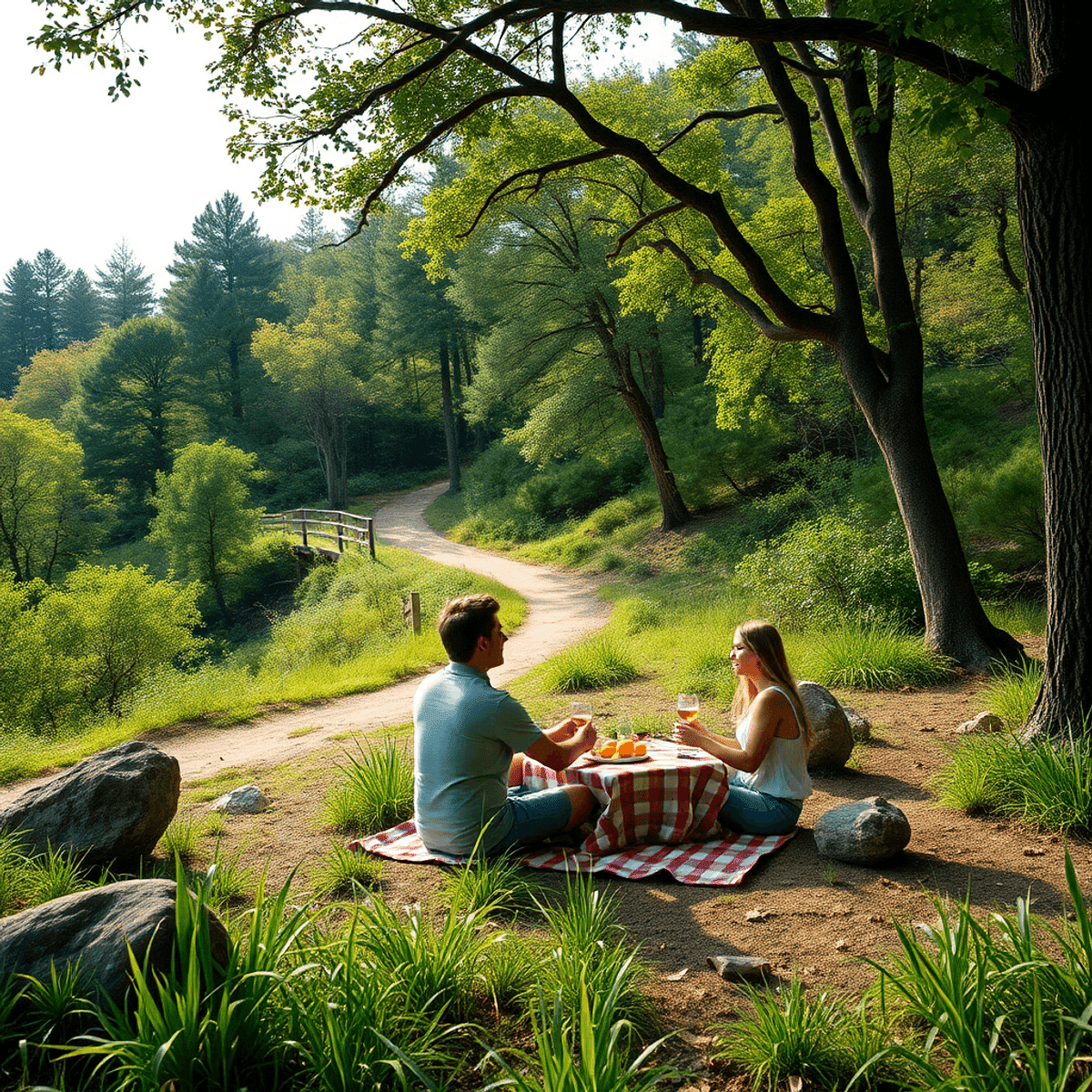 A couple enjoying a picnic under the shade of trees on a serene hiking trail, surrounded by lush greenery in Florida Caverns State Park, evoking wa...