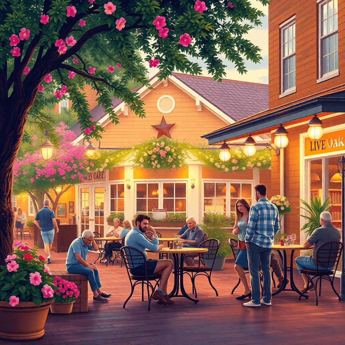 A charming southern town square in Live Oak, Florida, with a cozy outdoor café, blooming flowers, warm lighting, and couples enjoying conversations...